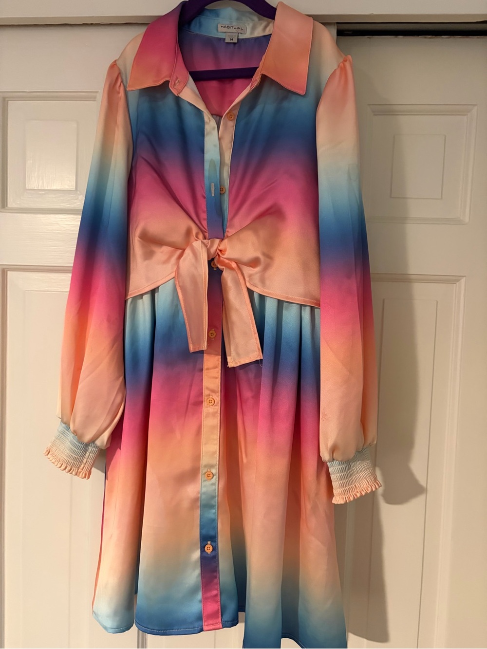 Habitual Girls' Rainbow Ombre Tie-Front Dress - Pink, Blue & Peach